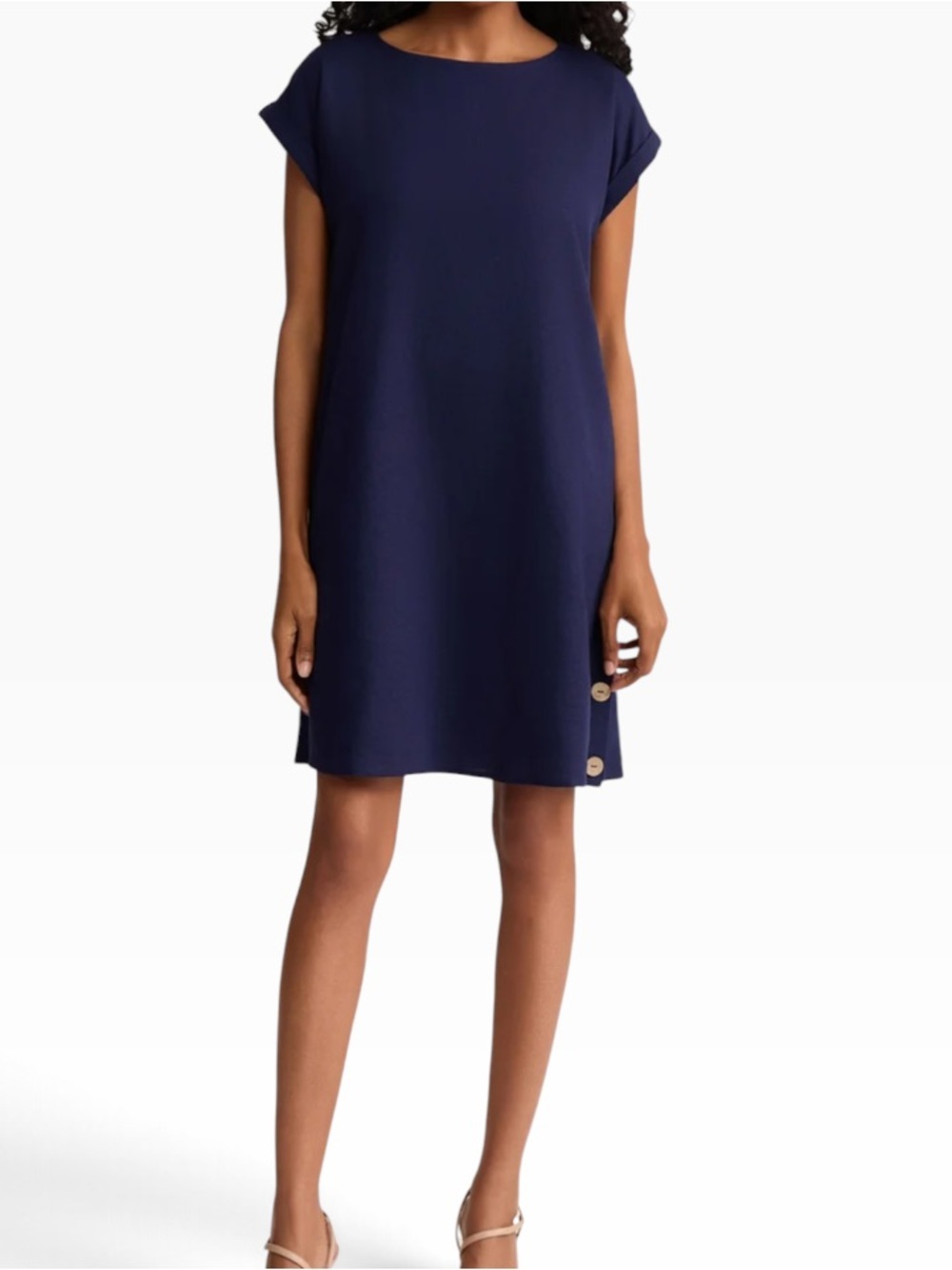 Jones NY Navy Blue Linen Blend Short Sleeve Button Detail Shift Dress PXL